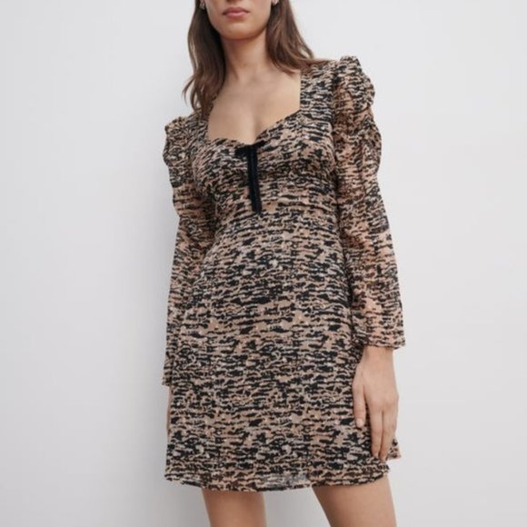 ZARA Animal Print V-Neck Bow Mini Dress - Picture 2 of 7